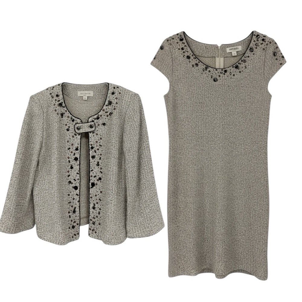 St. John Collection Knit Dress Suit Beige Embellished Jacket USA Made Size 14